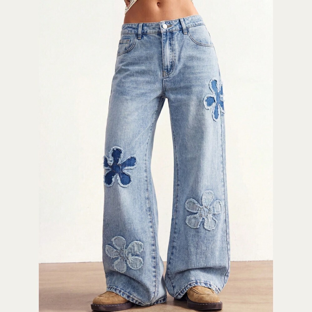 Blue Denim Wide Leg Jeans with Frayed Flower Patches